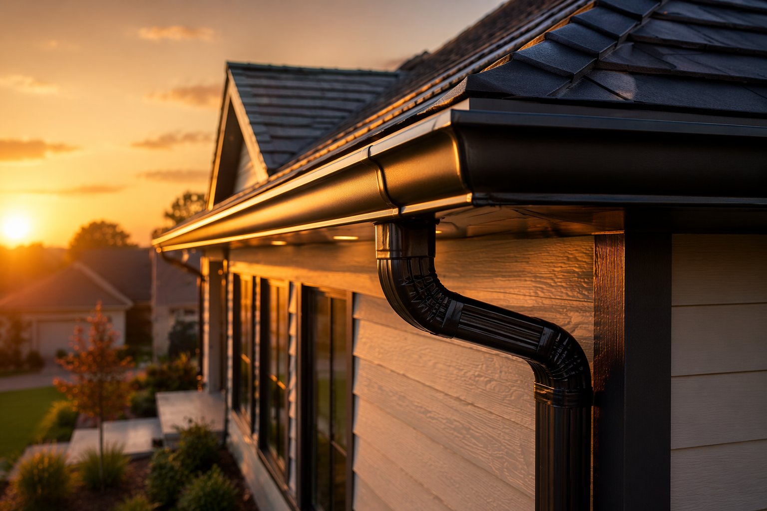Black gutter and downspout detail on a home at sunset